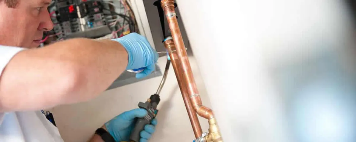 Water heater repair technician testing copper pipe connections and controls in Omaha, NE